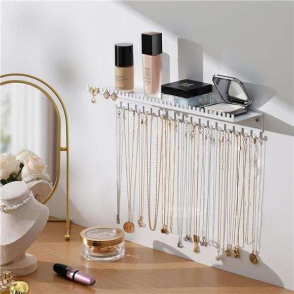 Wall mounted jewelry organizer necklace holder with hooks and tray for earrings - Picture 4 of 7